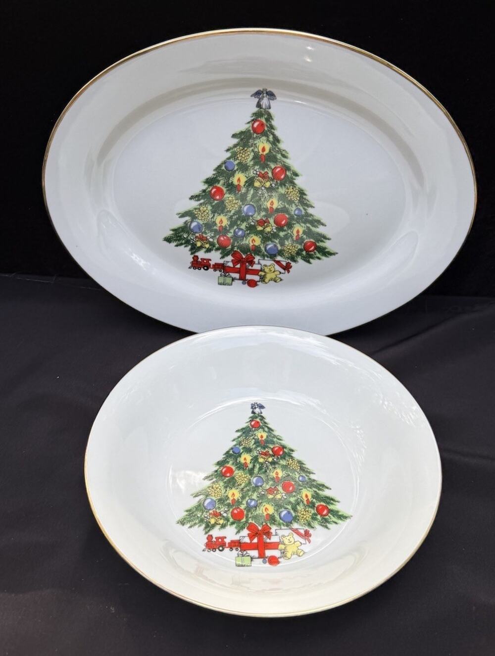 Vintage Jamestown China Christmas Treasures Tree Serving Bowl & Platter EUC